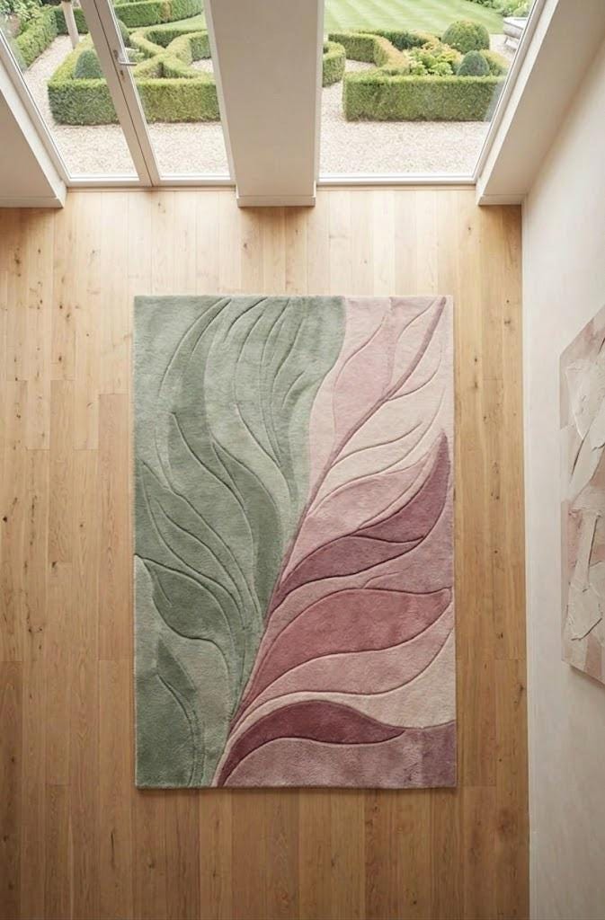 Sage Green Pink Abstract Area Rug, Modern Tufted Wool Rug, Organic Wave Design – view 3