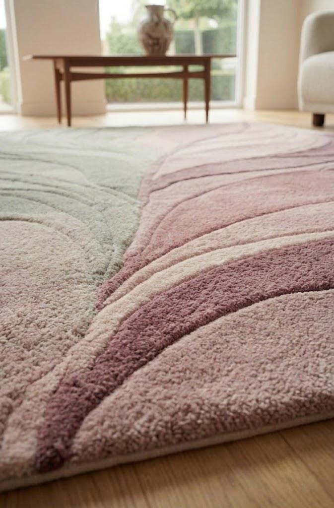 Sage Green Pink Abstract Area Rug, Modern Tufted Wool Rug, Organic Wave Design – view 4