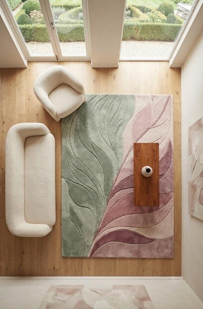 Sage Green Pink Abstract Area Rug, Modern Tufted Wool Rug, Organic Wave Design – view 5