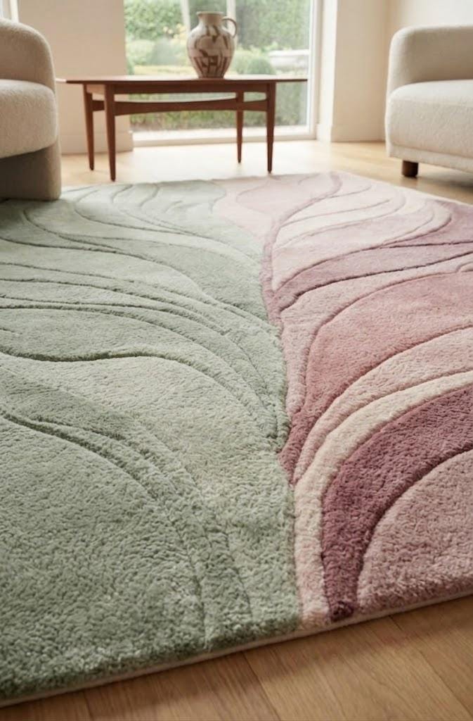 Sage Green Pink Abstract Area Rug, Modern Tufted Wool Rug, Organic Wave Design – view 6