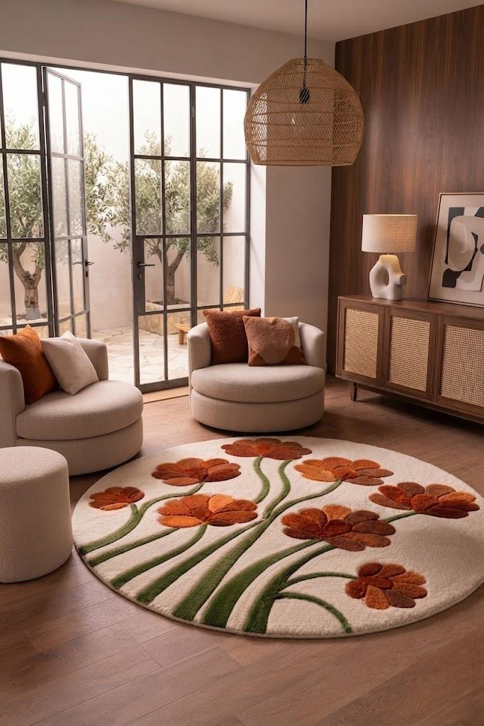 Hand Tufted Floral Area Rug, Orange Flowers, Modern Living Room Decor – view 2