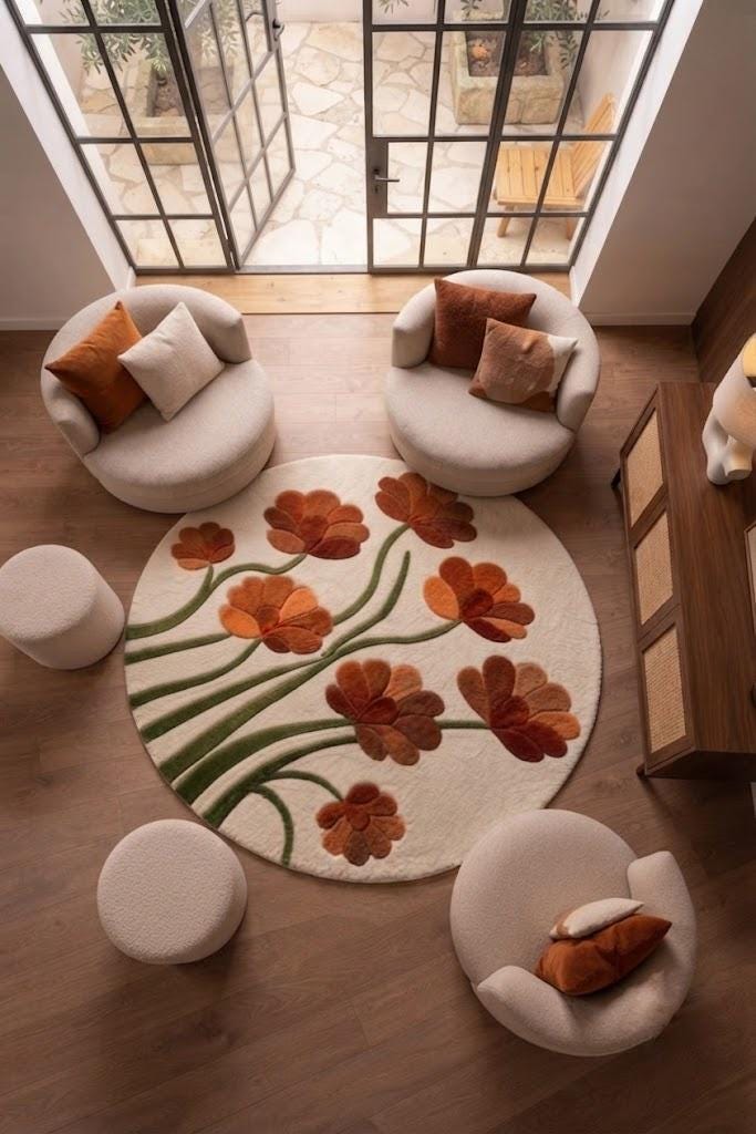 Hand Tufted Floral Area Rug, Orange Flowers, Modern Living Room Decor – view 3