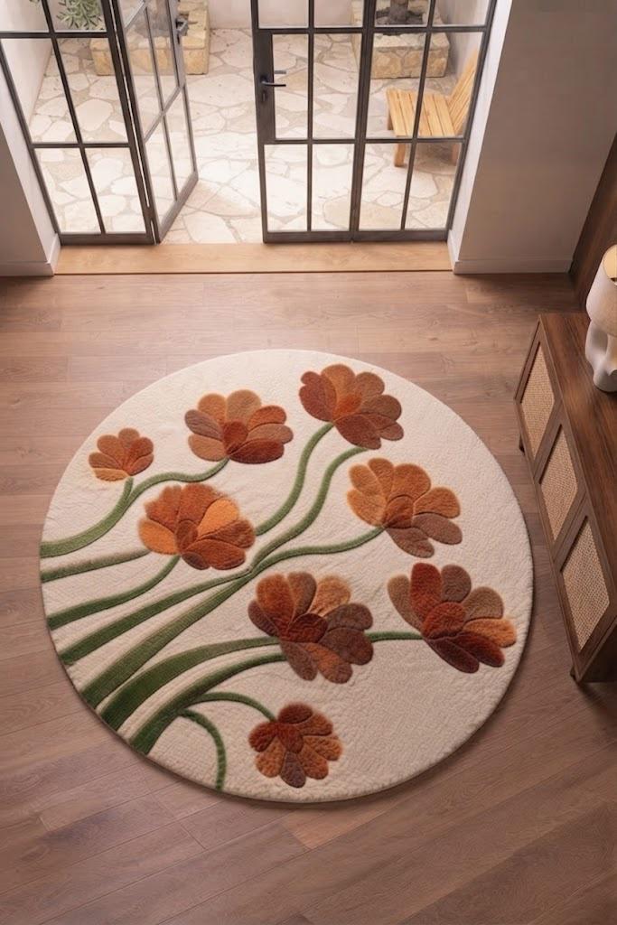 Hand Tufted Floral Area Rug, Orange Flowers, Modern Living Room Decor – view 5