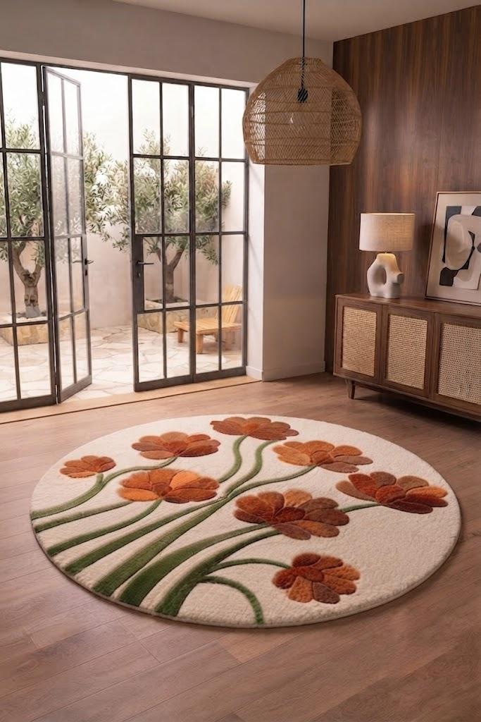 Hand Tufted Floral Area Rug, Orange Flowers, Modern Living Room Decor – view 6