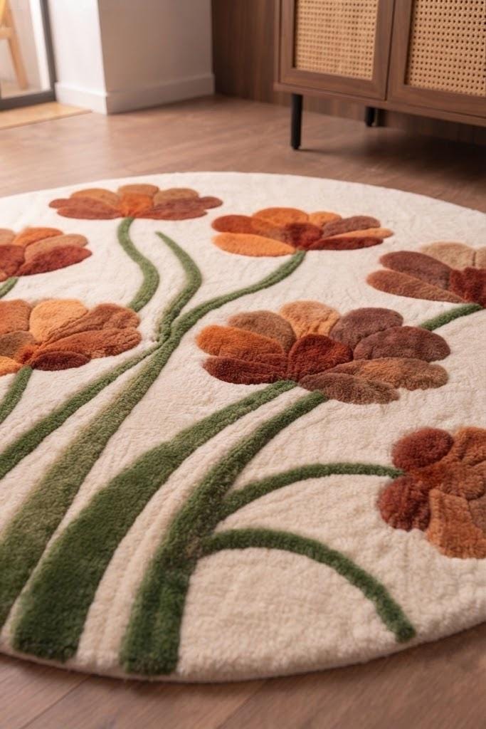Hand Tufted Floral Area Rug, Orange Flowers, Modern Living Room Decor – view 7