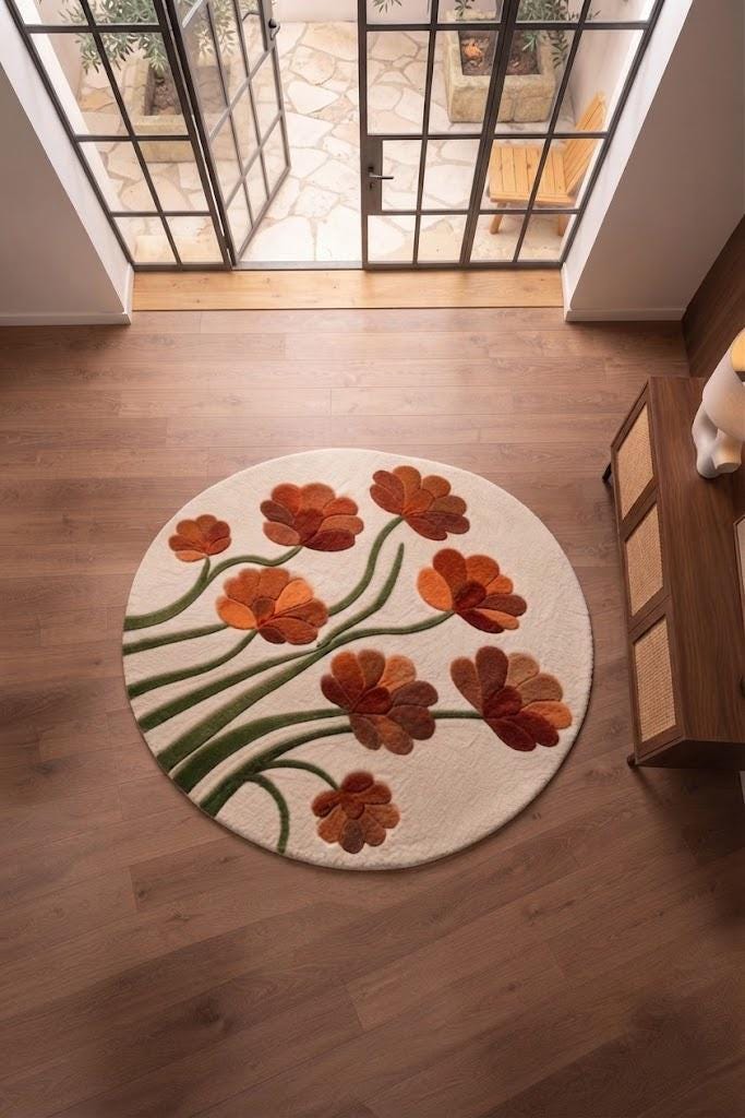 Hand Tufted Floral Area Rug, Orange Flowers, Modern Living Room Decor – view 8