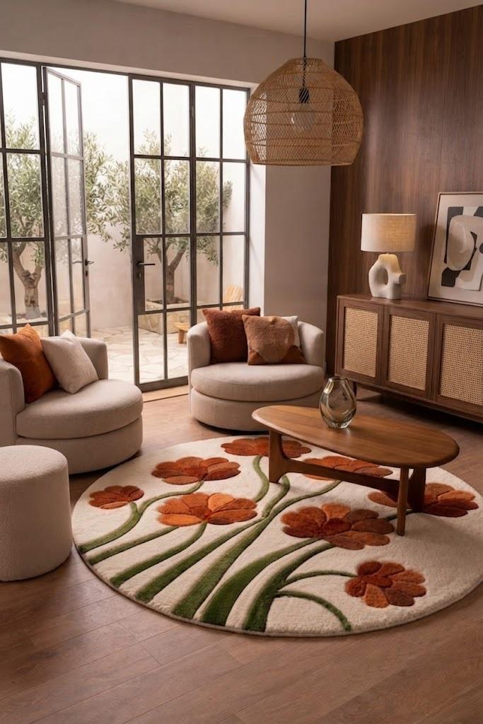Hand Tufted Floral Area Rug, Orange Flowers, Modern Living Room Decor – view 9