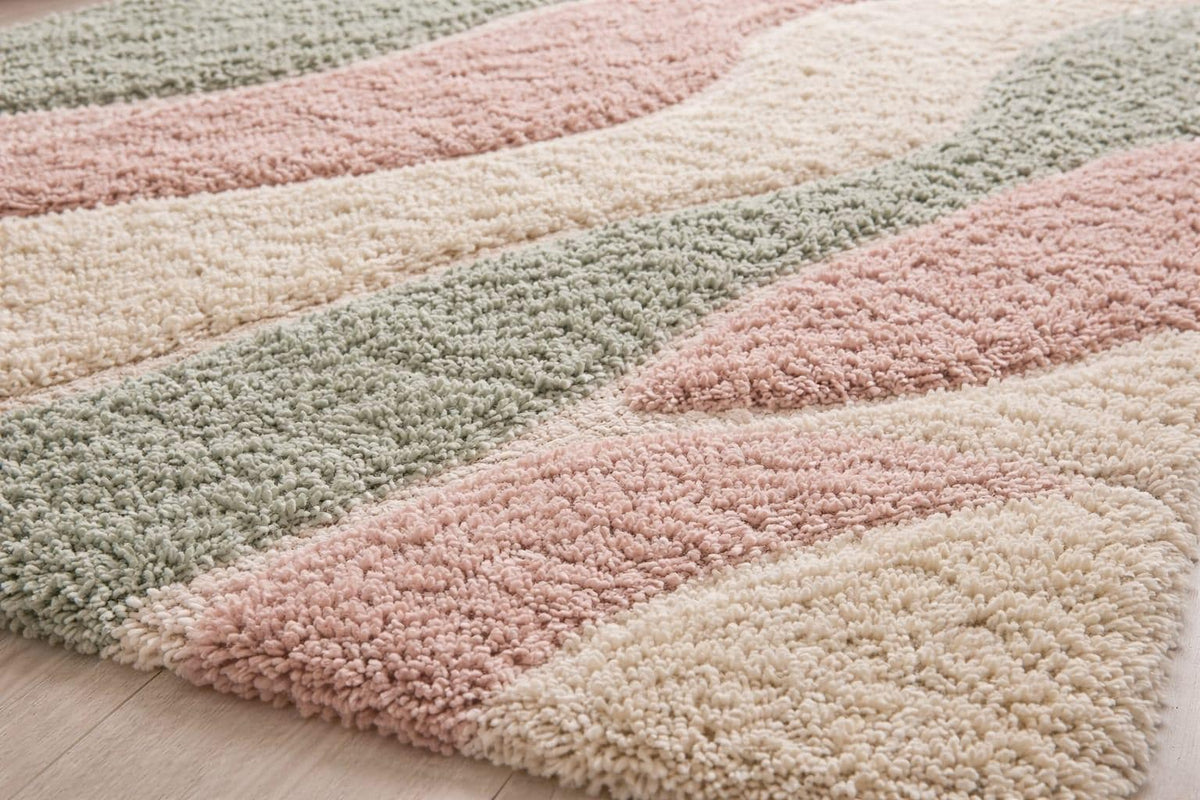 Hand-Knotted Wool Rug – Pastel Pink Sage Green Wavy Abstract Design – view 1