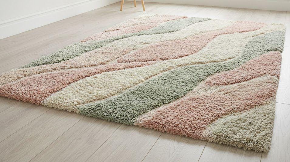 Hand-Knotted Wool Rug – Pastel Pink Sage Green Wavy Abstract Design – view 4