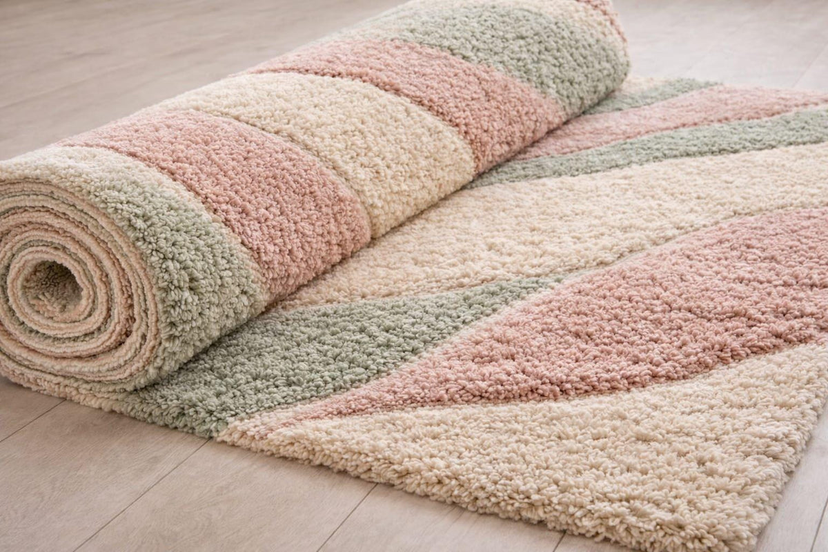 Hand-Knotted Wool Rug – Pastel Pink Sage Green Wavy Abstract Design – view 5