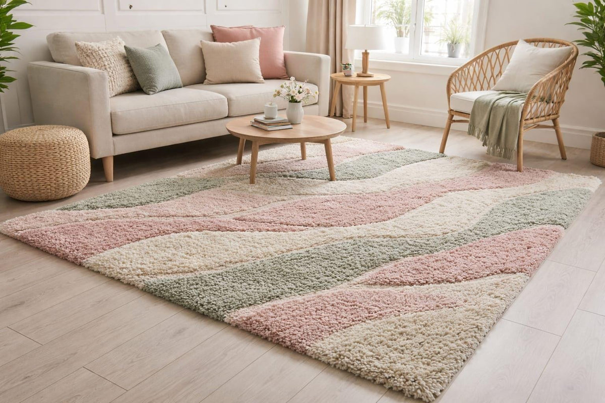 Hand-Knotted Wool Rug – Pastel Pink Sage Green Wavy Abstract Design – view 6
