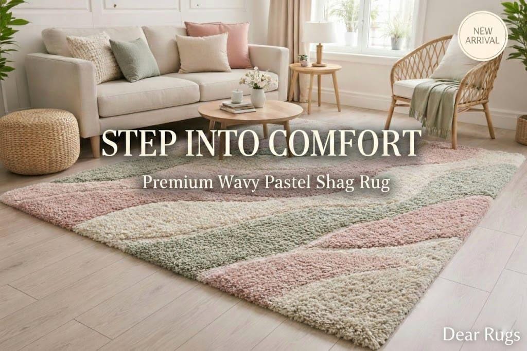 Hand-Knotted Wool Rug – Pastel Pink Sage Green Wavy Abstract Design – view 7