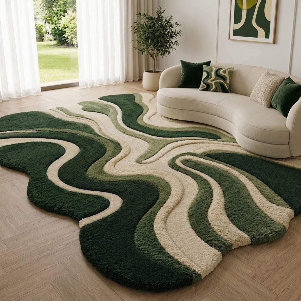Hand Tufted Green Wool Area Rug, Abstract Wavy Modern Carpet – view 1