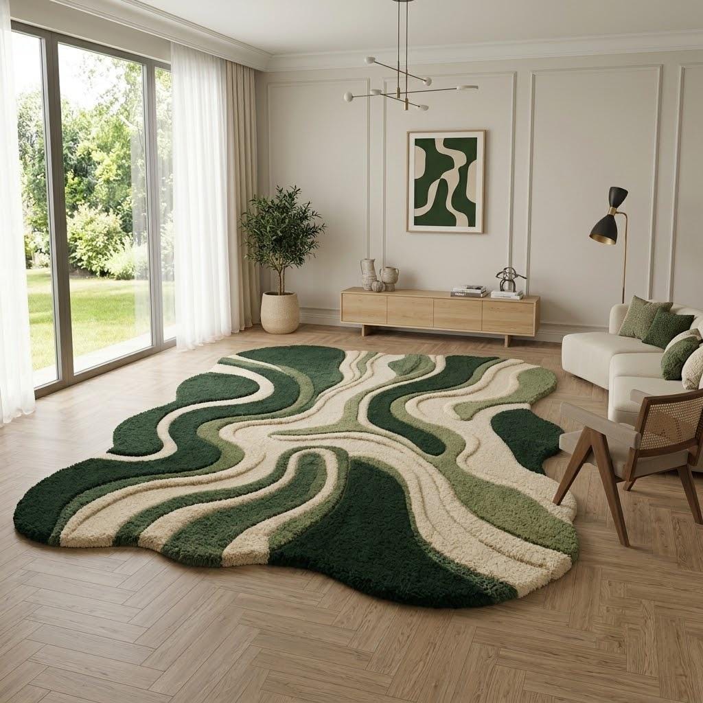 Hand Tufted Green Wool Area Rug, Abstract Wavy Modern Carpet – view 2
