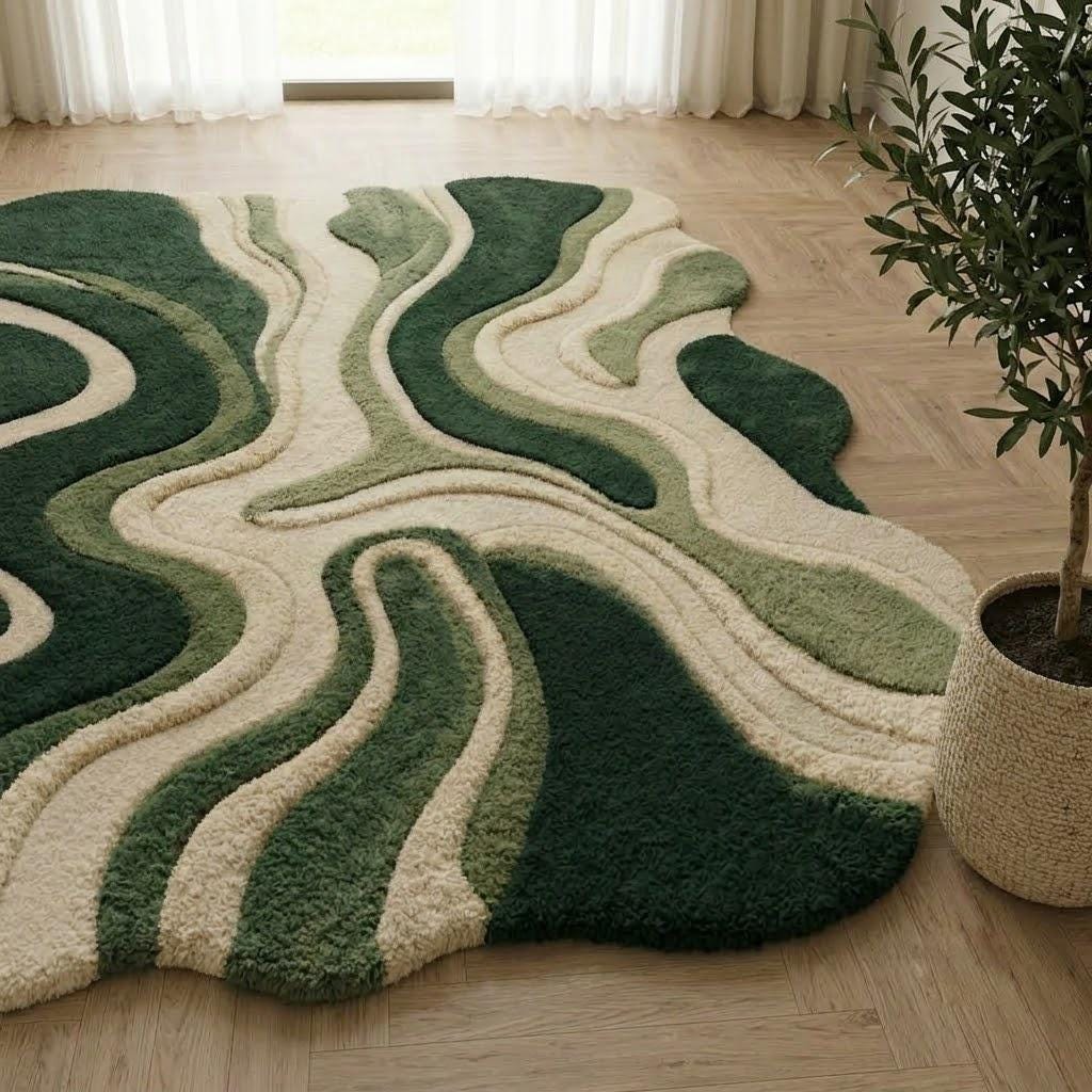 Hand Tufted Green Wool Area Rug, Abstract Wavy Modern Carpet – view 3