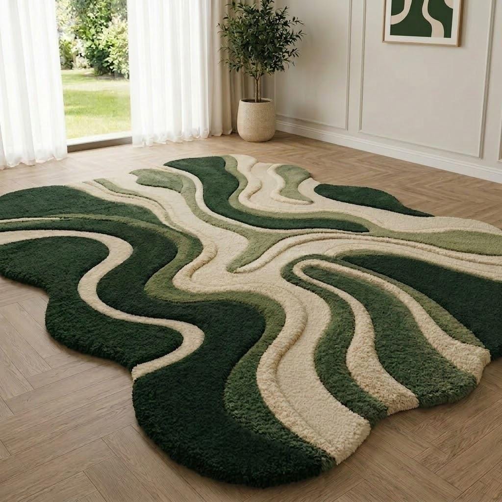 Hand Tufted Green Wool Area Rug, Abstract Wavy Modern Carpet – view 4