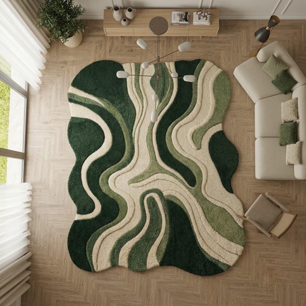 Hand Tufted Green Wool Area Rug, Abstract Wavy Modern Carpet – view 5