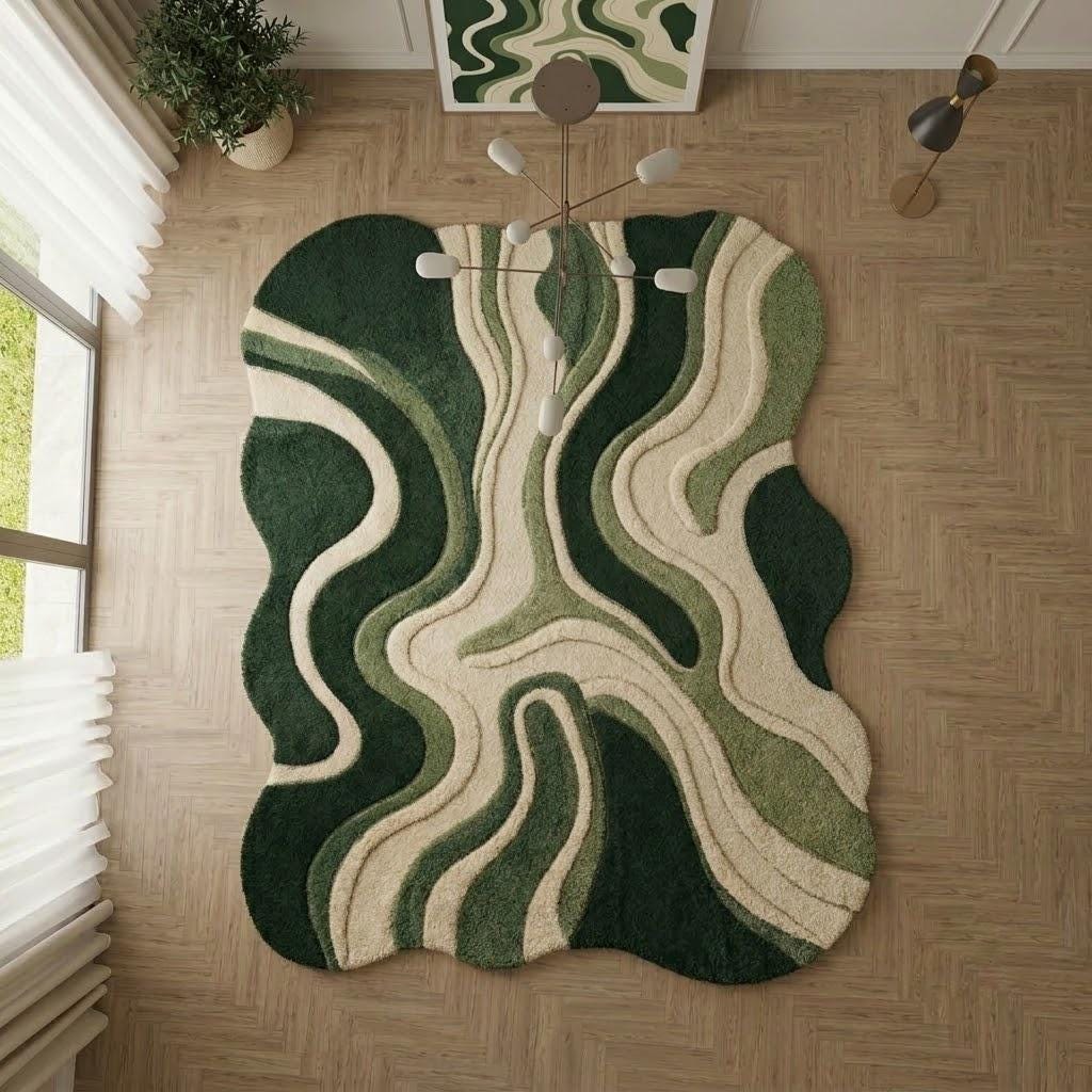 Hand Tufted Green Wool Area Rug, Abstract Wavy Modern Carpet – view 6