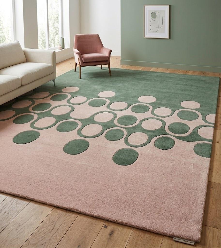 Sage Green Pink Abstract Wool Rug, Hand Tufted Modern Geometric Carpet – view 2
