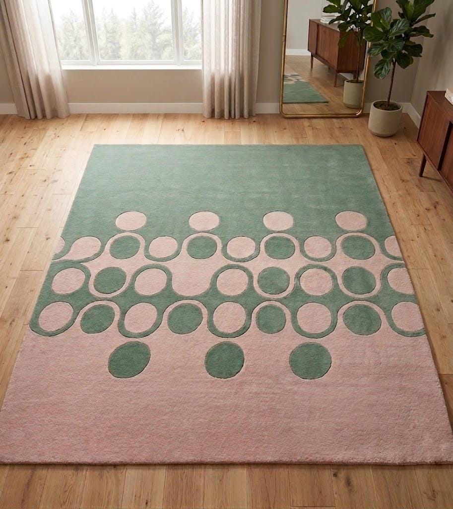 Sage Green Pink Abstract Wool Rug, Hand Tufted Modern Geometric Carpet – view 6