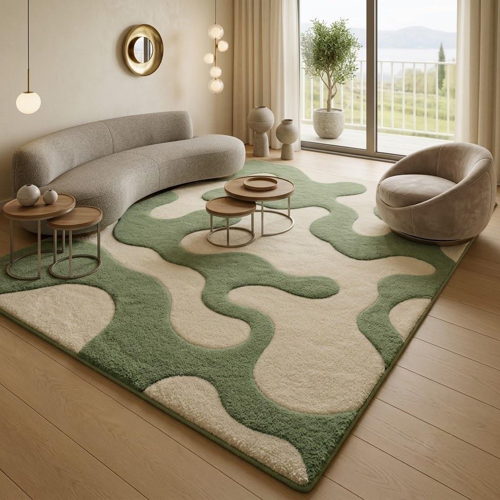 Moss Green Abstract Tufted Wool Rug, Organic Modern Living Room Decor – view 1