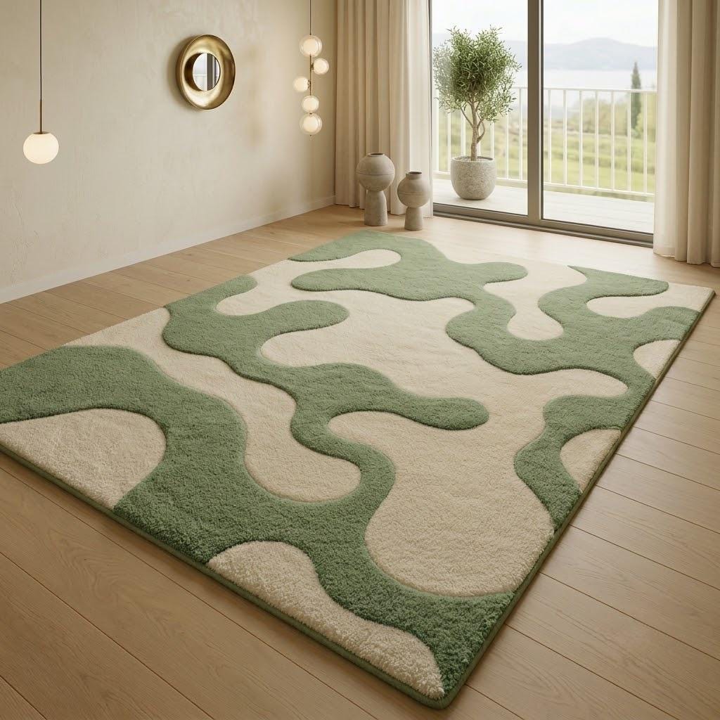 Moss Green Abstract Tufted Wool Rug, Organic Modern Living Room Decor – view 2