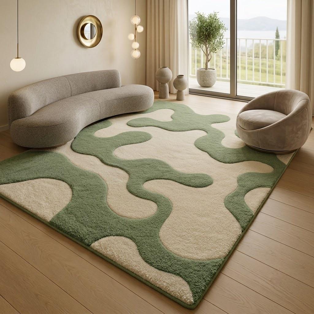 Moss Green Abstract Tufted Wool Rug, Organic Modern Living Room Decor – view 3
