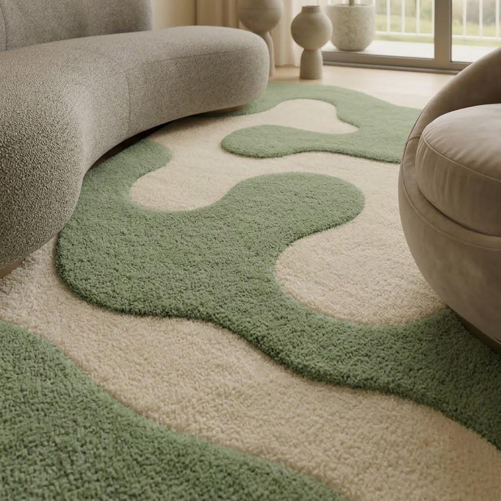 Moss Green Abstract Tufted Wool Rug, Organic Modern Living Room Decor – view 4