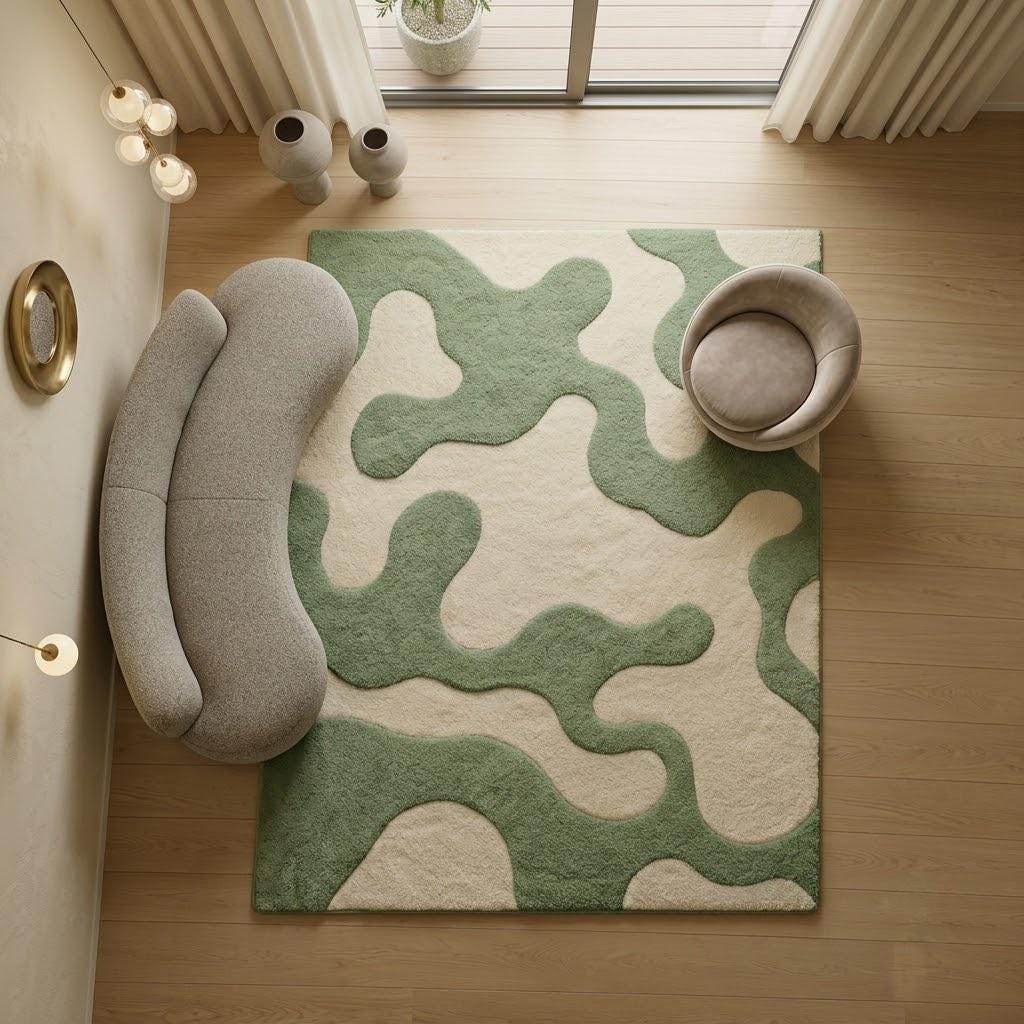 Moss Green Abstract Tufted Wool Rug, Organic Modern Living Room Decor – view 5