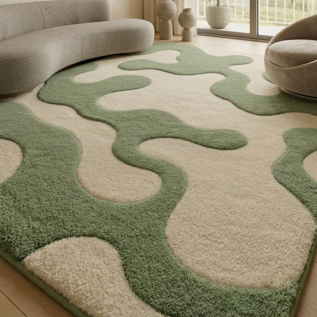 Moss Green Abstract Tufted Wool Rug, Organic Modern Living Room Decor – view 6