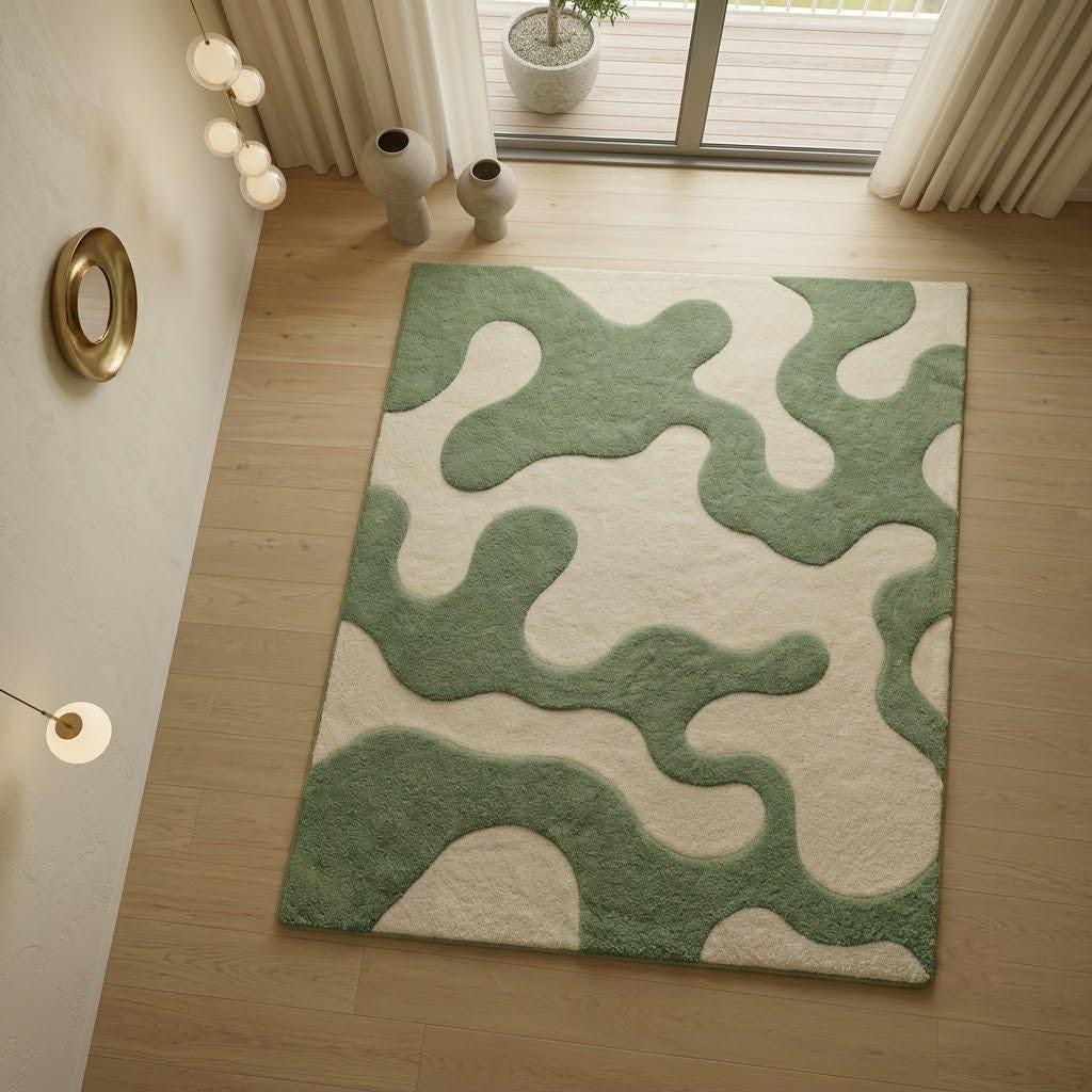Moss Green Abstract Tufted Wool Rug, Organic Modern Living Room Decor – view 7