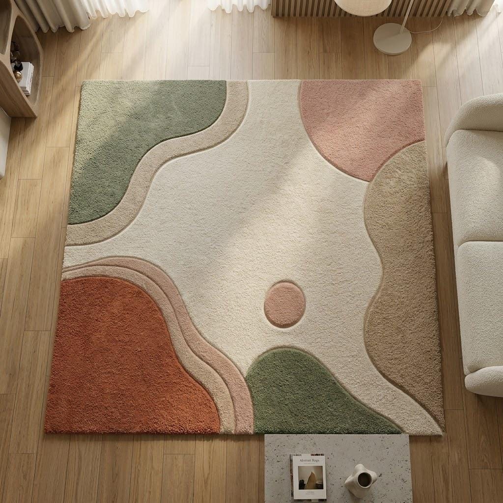 Hand Tufted Wool Area Rug, Modern Abstract Geometric Design, Neutral Living Room Carpet – view 3