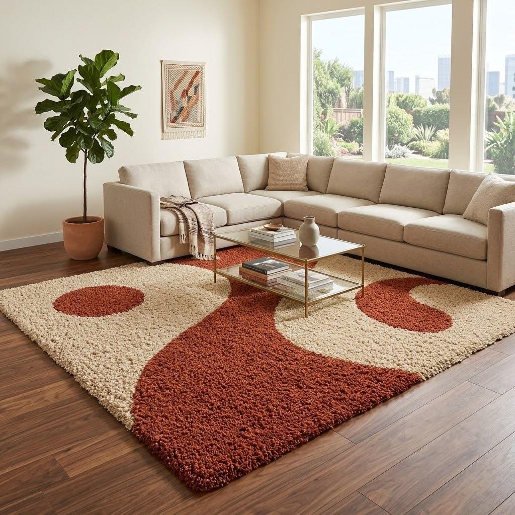 Terracotta Cream Abstract Wave Shag Rug, Hand Tufted Wool Area Rug, Modern Organic Design – view 1