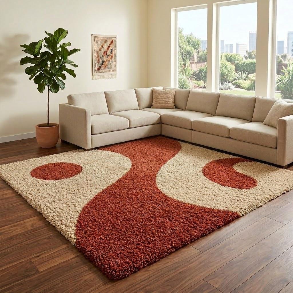 Terracotta Cream Abstract Wave Shag Rug, Hand Tufted Wool Area Rug, Modern Organic Design – view 2