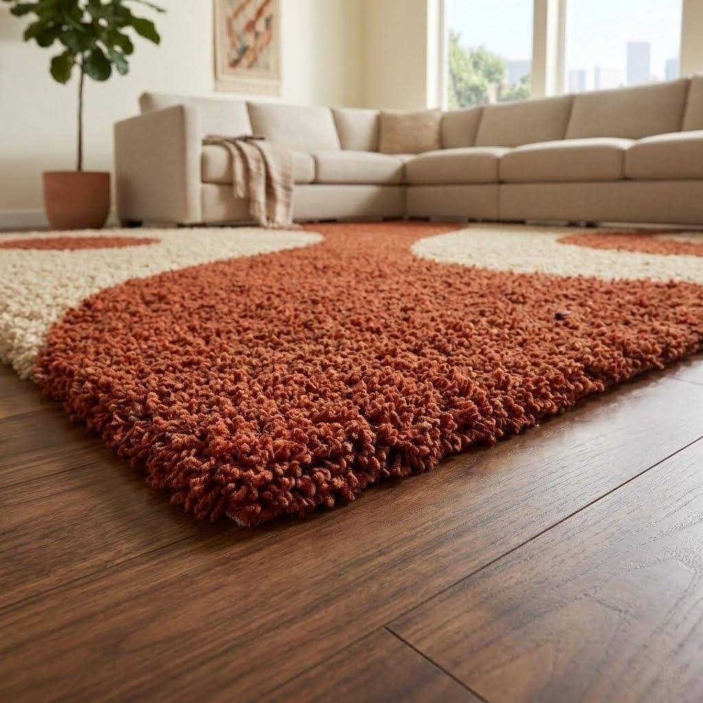 Terracotta Cream Abstract Wave Shag Rug, Hand Tufted Wool Area Rug, Modern Organic Design – view 4