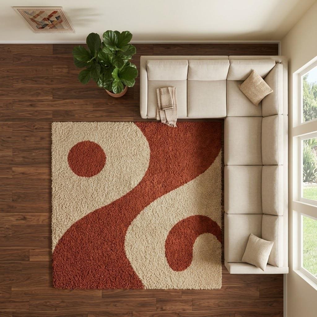 Terracotta Cream Abstract Wave Shag Rug, Hand Tufted Wool Area Rug, Modern Organic Design – view 5