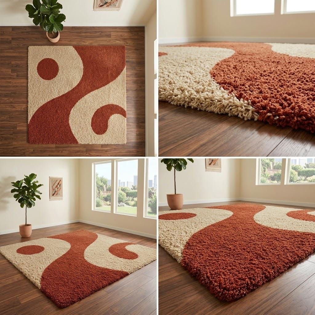 Terracotta Cream Abstract Wave Shag Rug, Hand Tufted Wool Area Rug, Modern Organic Design – view 6