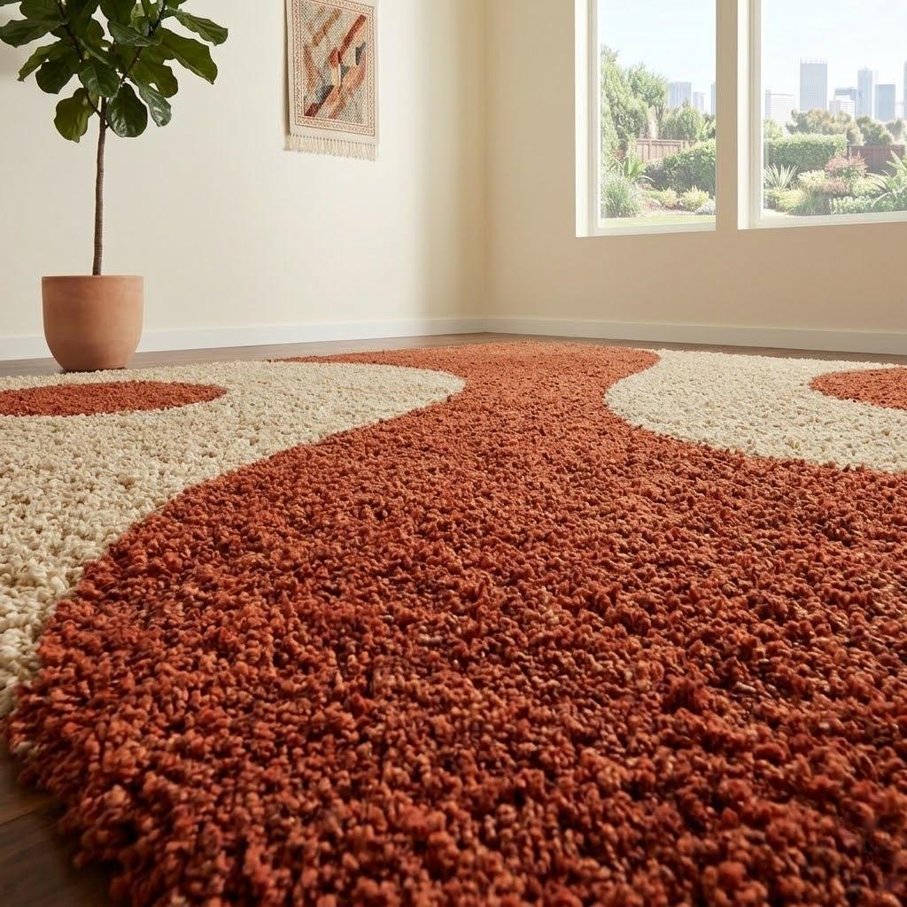 Terracotta Cream Abstract Wave Shag Rug, Hand Tufted Wool Area Rug, Modern Organic Design – view 7