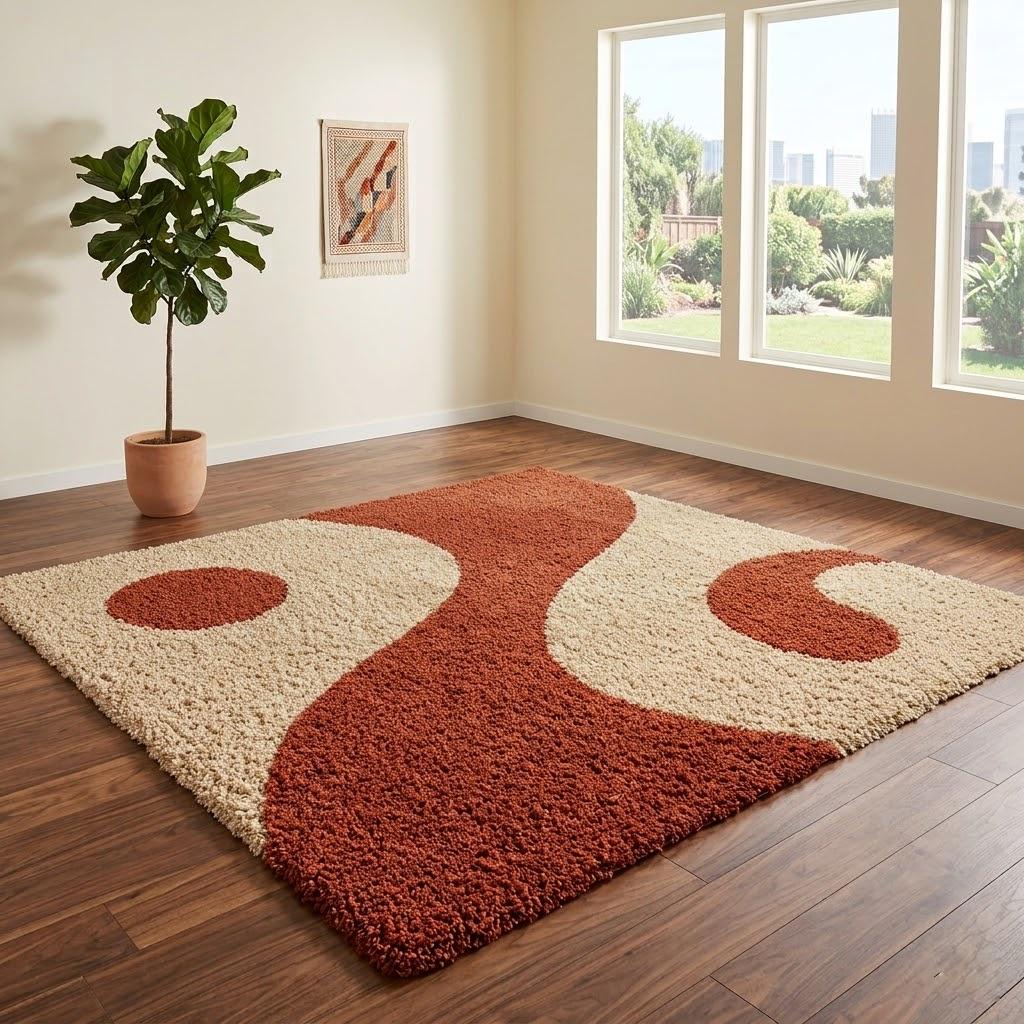 Terracotta Cream Abstract Wave Shag Rug, Hand Tufted Wool Area Rug, Modern Organic Design – view 9