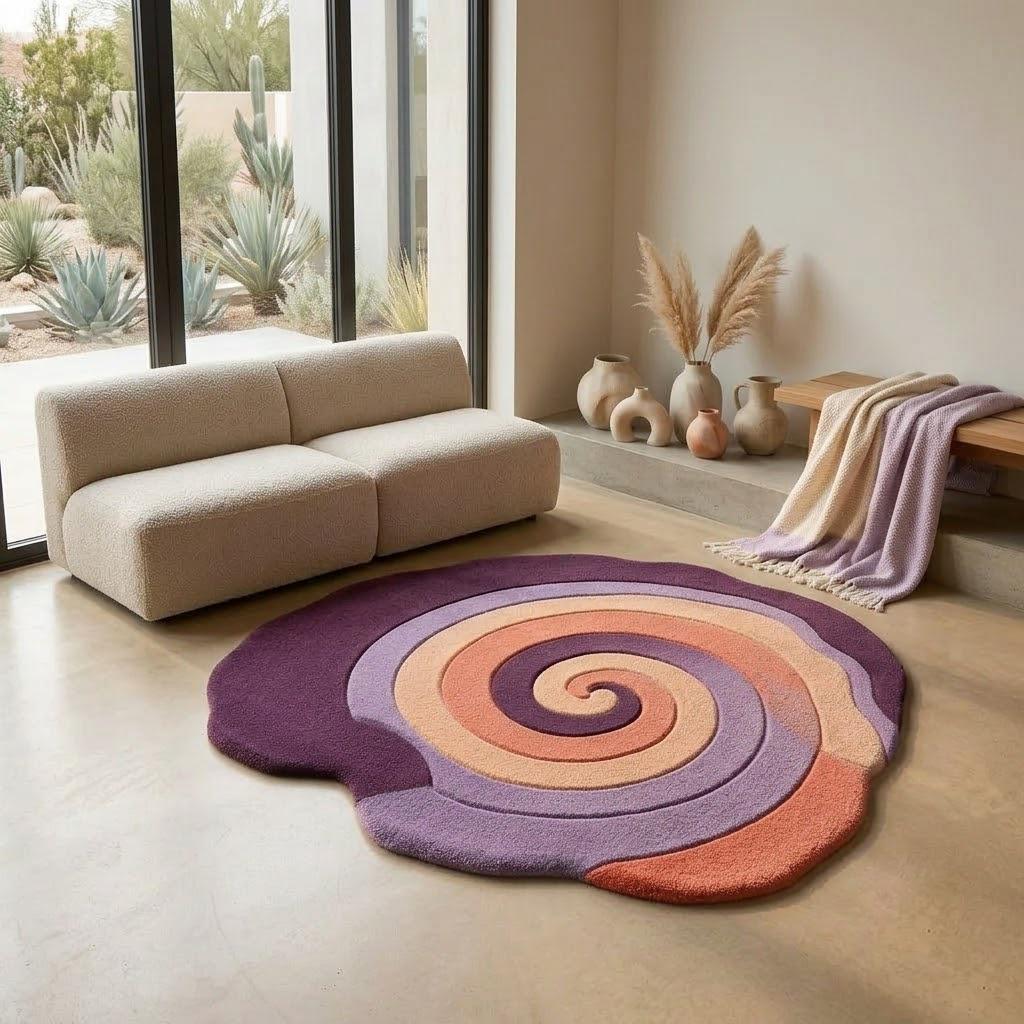 Hand-Tufted Spiral Cutout Rug, Plum Purple Lavender Swirl Carpet – view 1