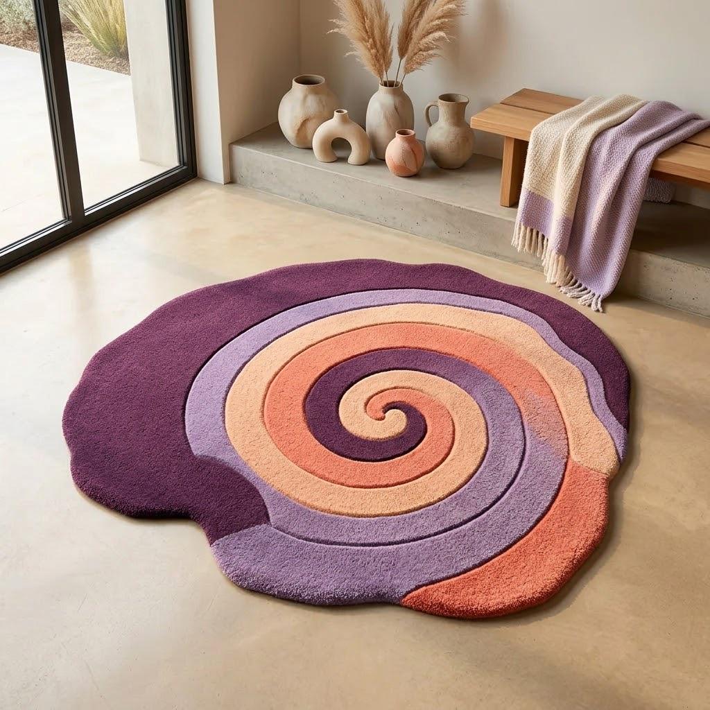 Hand-Tufted Spiral Cutout Rug, Plum Purple Lavender Swirl Carpet – view 2