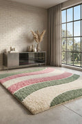 Hand Tufted Wool Area Rug | Abstract Wavy Pastel Pink Sage Green Carpet – view 1