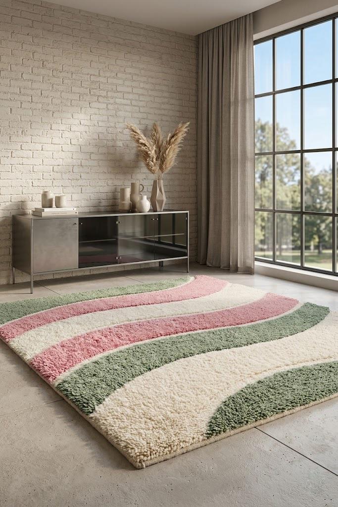Hand Tufted Wool Area Rug | Abstract Wavy Pastel Pink Sage Green Carpet – view 1