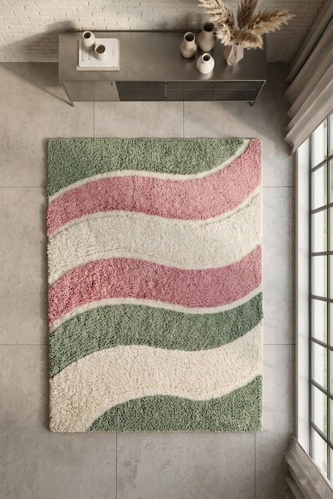 Hand Tufted Wool Area Rug | Abstract Wavy Pastel Pink Sage Green Carpet – view 2