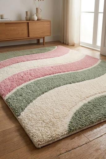 Hand Tufted Wool Area Rug | Abstract Wavy Pastel Pink Sage Green Carpet – view 5