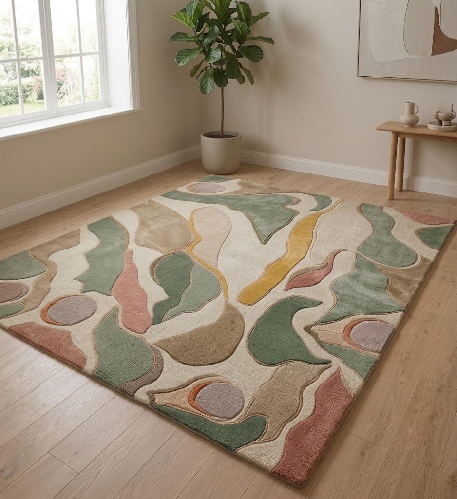 Hand-Tufted Abstract Wool Rug, Sage Green Terracotta Organic Shapes, Sculpted Pile Carpet – view 1