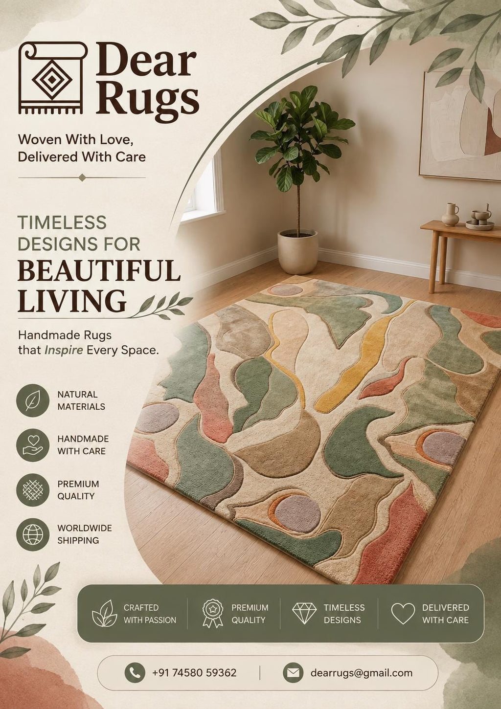 Hand-Tufted Abstract Wool Rug, Sage Green Terracotta Organic Shapes, Sculpted Pile Carpet – view 2
