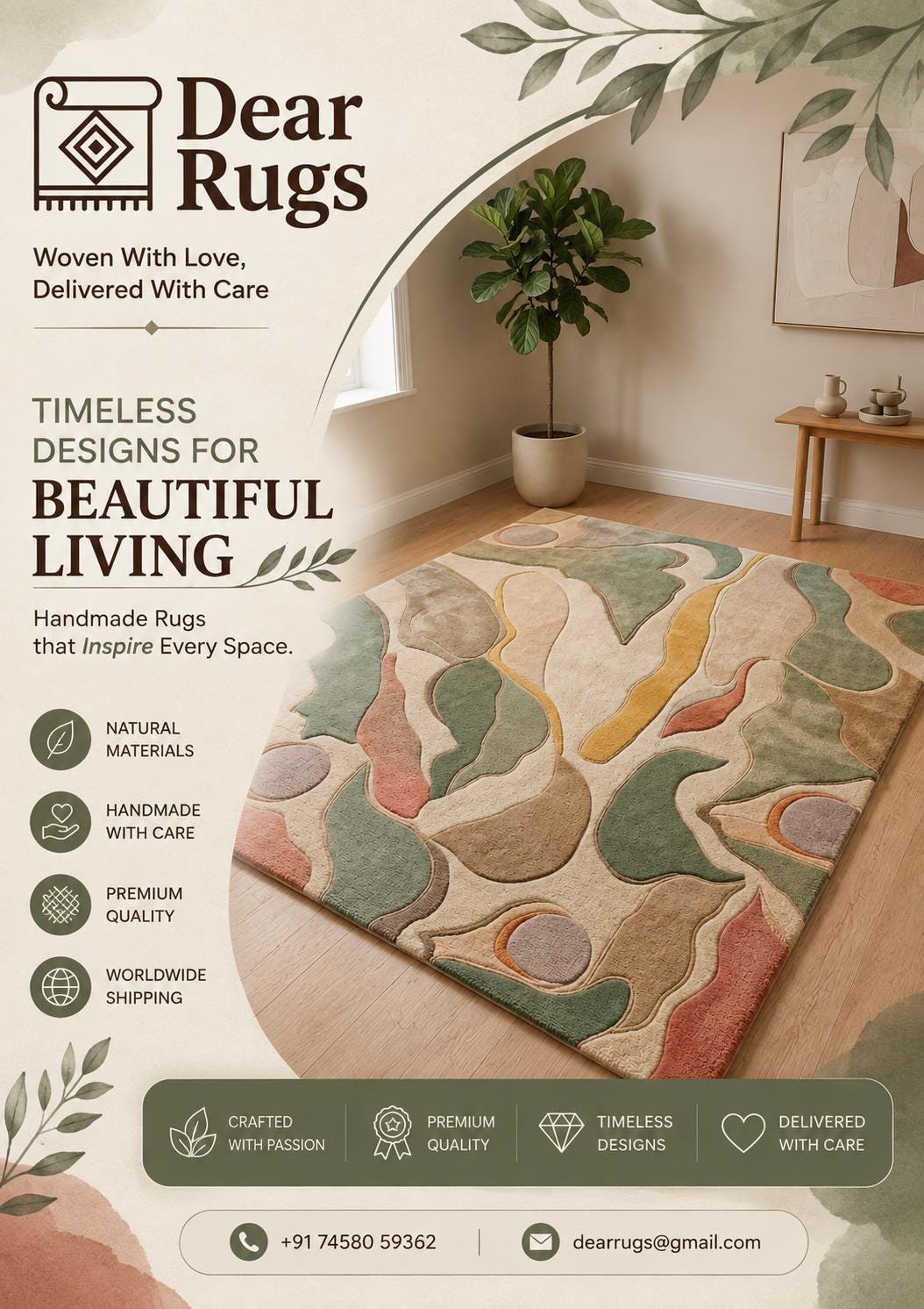 Hand-Tufted Abstract Wool Rug, Sage Green Terracotta Organic Shapes, Sculpted Pile Carpet – view 2