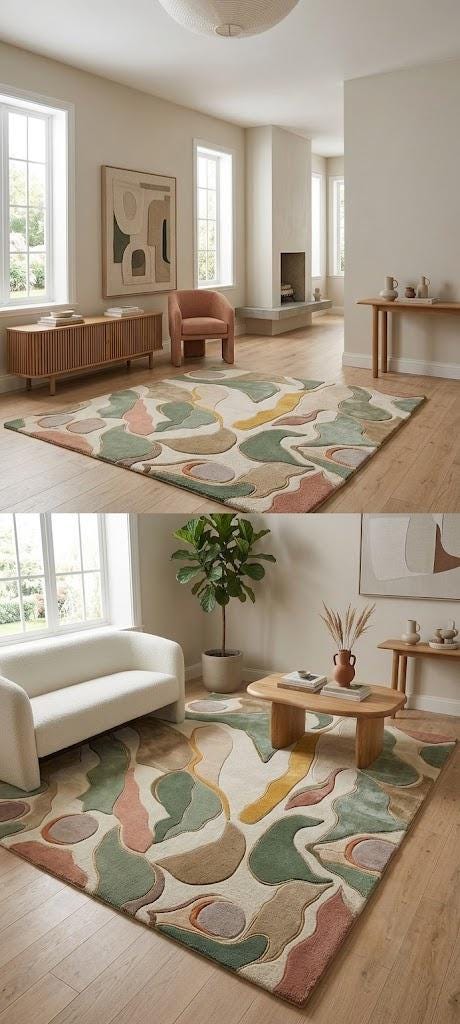 Hand-Tufted Abstract Wool Rug, Sage Green Terracotta Organic Shapes, Sculpted Pile Carpet – view 4