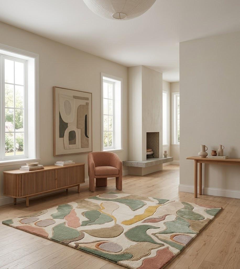 Hand-Tufted Abstract Wool Rug, Sage Green Terracotta Organic Shapes, Sculpted Pile Carpet – view 5